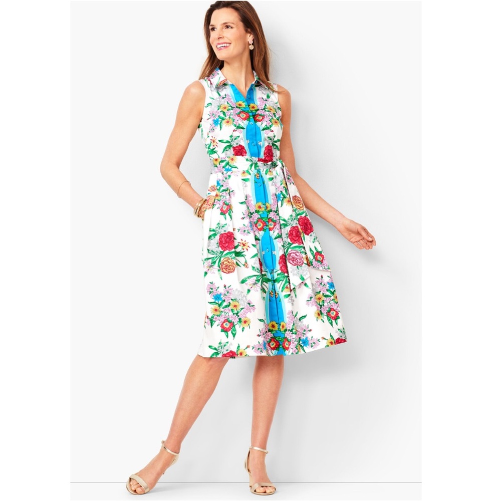 Talbots White Floral Sleeveless A-Line Shirt Dress with Blue Accents
